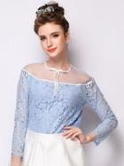 Choies Blue Lace Splicing Organza Bow T Shirt