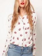 Choies White Lip Print Long Sleeve Shirt