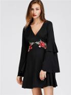 Choies Black V-neck Embroidery Patch Floral Flared Sleeve Mini Dress