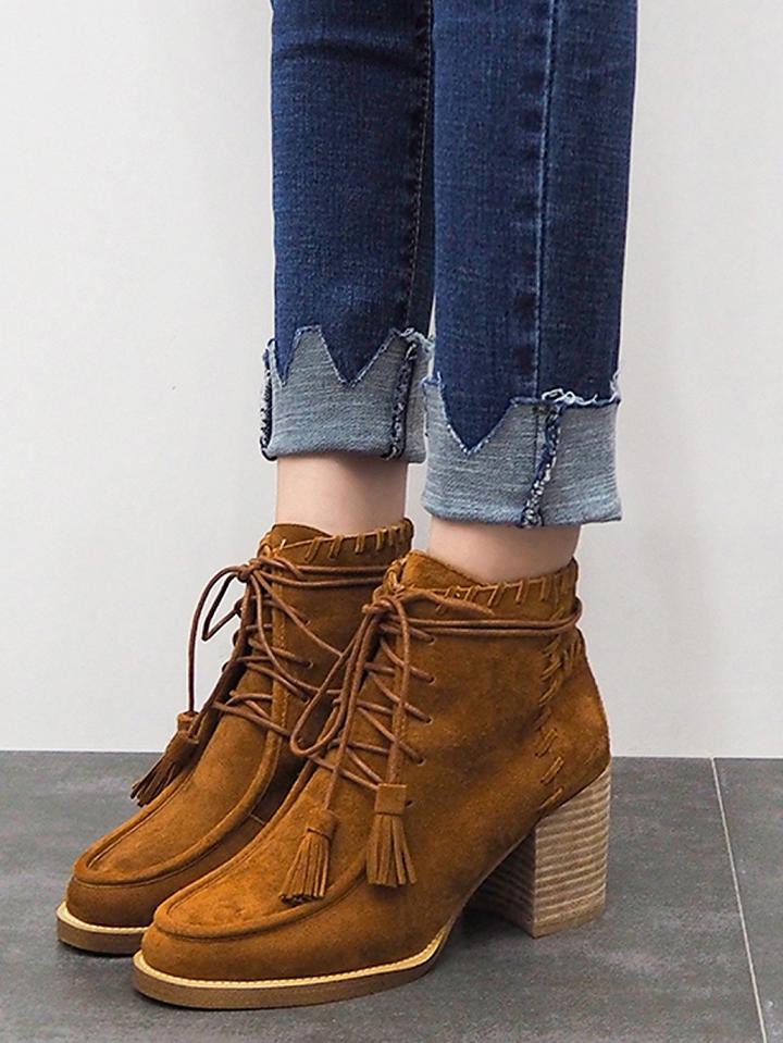 Choies Brown Suede Lace Up Heeled Ankle Shoes