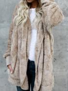 Choies Khaki Faux Fur Long Sleeve Chic Women Hoodie Coat