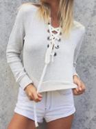 Choies Gray Cotton V-neck Eyelet Lace Up Long Sleeve Chic Women Crop Top