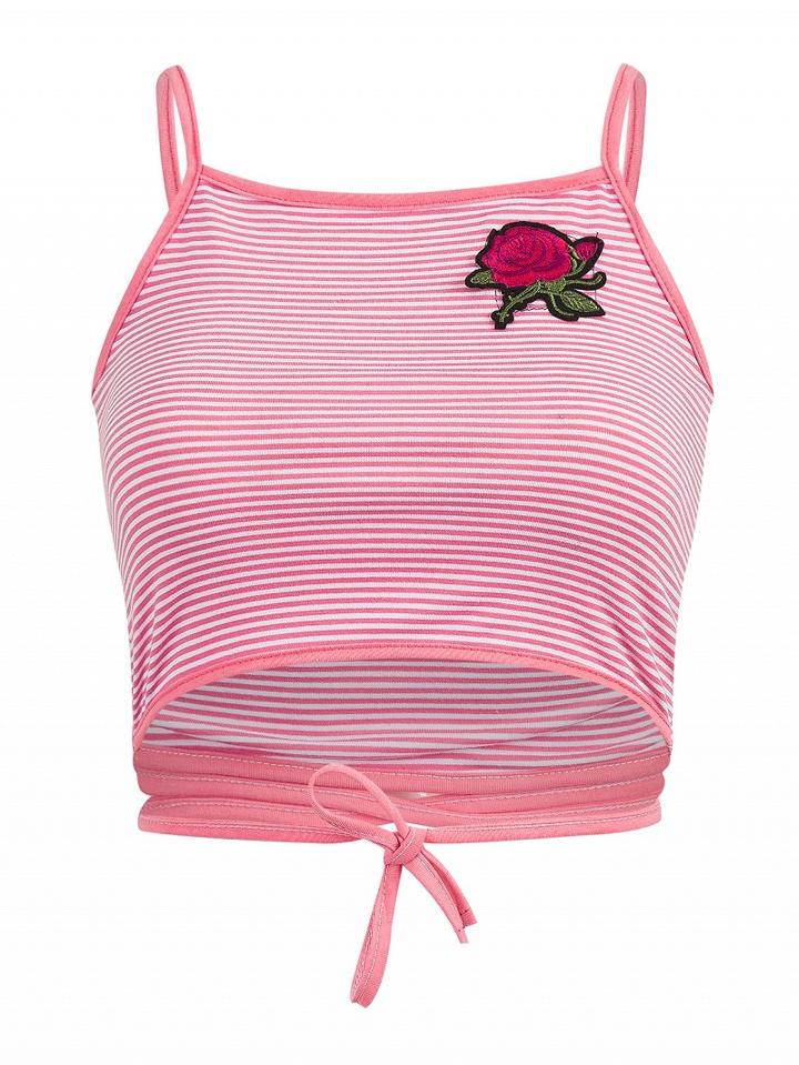 Choies Watermelon Red Striped Embroidery Rose Strappy Cami Crop Top