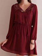 Choies Red V-neck Crochet Long Sleeve Plain Chiffon Dress