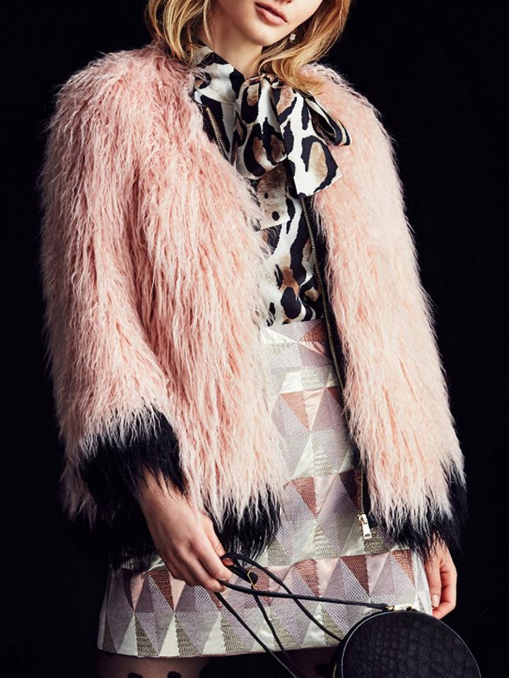 Choies Pink Open Front Faux Fur Coat