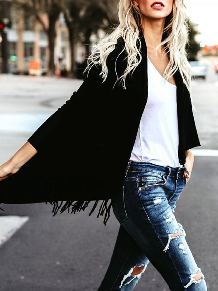 Choies Black Tassel Trim Open Front Long Sleeve Cardigan