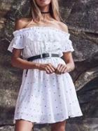 Choies White Off Shoulder Polka Dot Print Ruffle Trim Chic Women Mini Dress