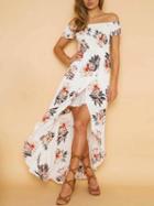 Choies White Stretch Off Shoulder Floral Print Hi-lo Dress