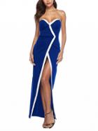 Choies Blue Bandeau V-neck Thigh Split Front Maxi Dress