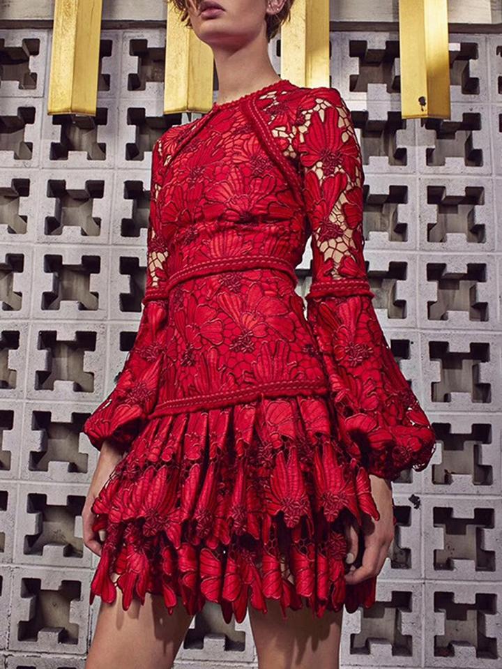 Choies Red Floral Embroidery Puff Sleeve Women Lace Mini Dress