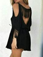 Choies Black Cold Shoulder Cut Out Back Tasseled Dress