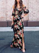 Choies Black Off Shoulder Floral Print Thigh Split Side Chic Women Maxi Dress