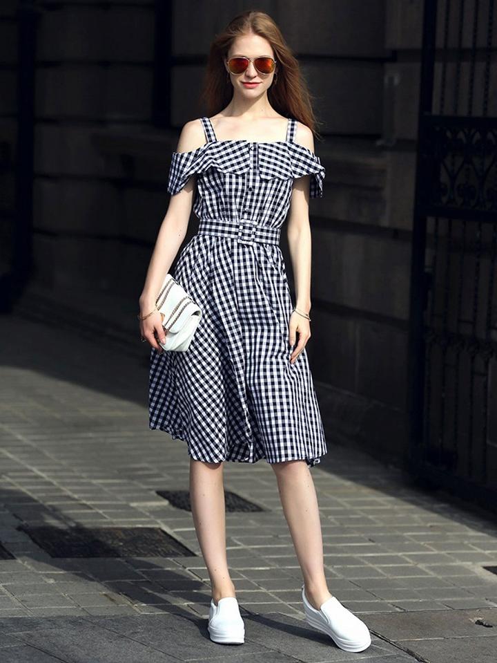 Choies Monochrome Plaid Cold Shoulder Ruffle High Waist Midi Dress