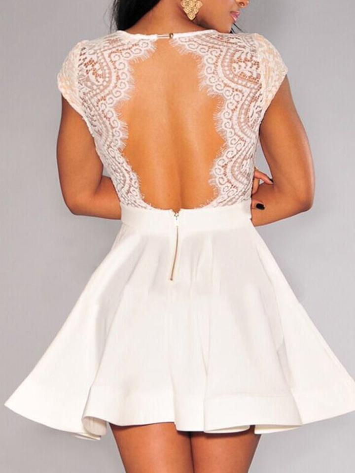 Choies White V-neck Lace Top Backless Cap Sleeve Skater Dress
