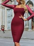 Choies Burgundy Square Neck Sheer Mesh Panel Long Sleeve Bodycon Dress