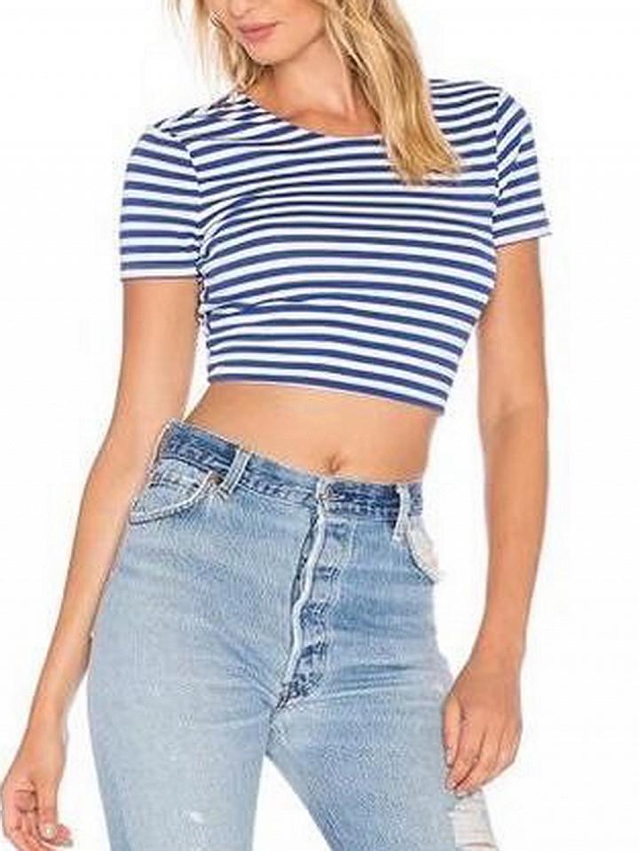 Choies Blue Stripe Open Back Crop T-shirt