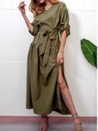 Choies Green Cotton Blend V-neck Tie Waist Long Sleeve Maxi Dress