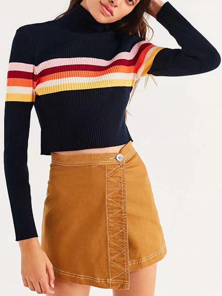 Choies Color Block Stripe High Neck Long Sleeve Knit Jumper