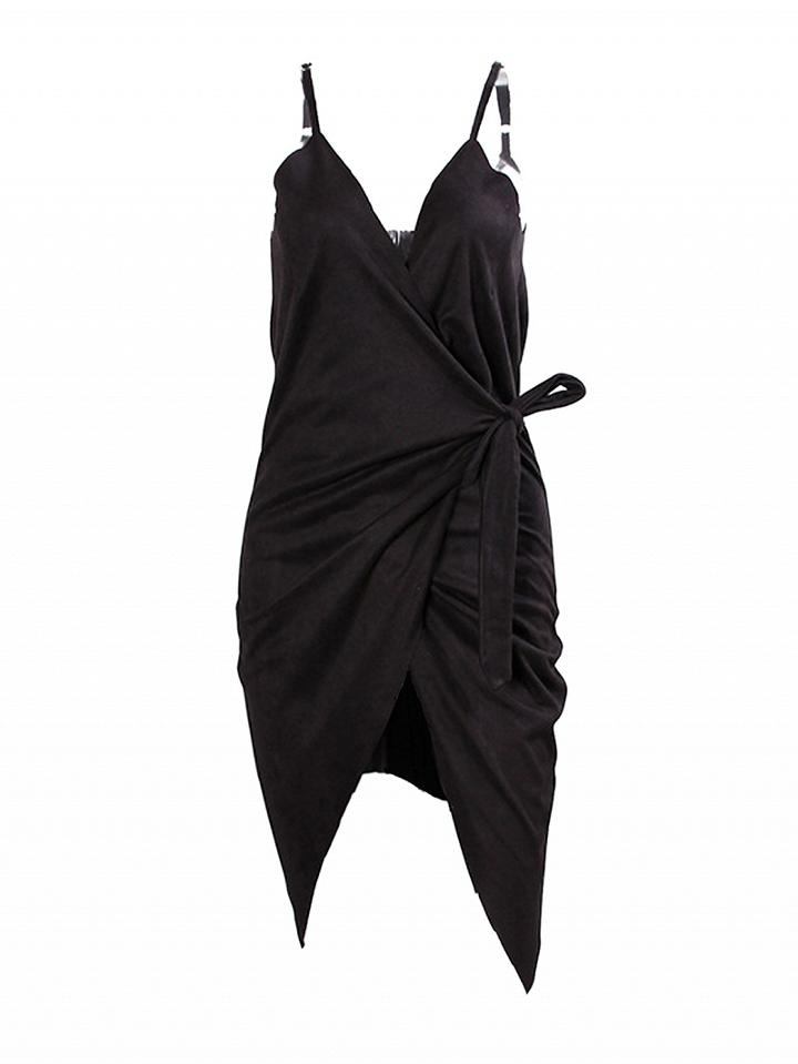 Choies Black V-neck Faux Suede Tie Side Mini Wrap Dress