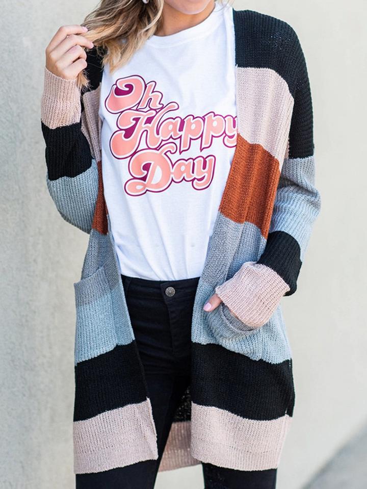 Choies Multicolor Stripe Open Front Long Sleeve Women Knit Cardigan