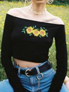 Choies Black Cotton Off Shoulder Sunflower Embroidery Long Sleeve Crop Top