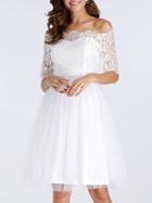 Choies White Off Shoulder Mesh Panel Lace Dress