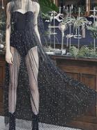 Choies Black Bandeau Beaded Detail Sheer Mesh Panel Chic Women Maxi Dress