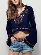 Choies Navy Blue V Neck Embroidery Bell Sleeve Top