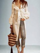 Choies White Cotton Tie Front Puff Sleeve Chic Women Midi Dress