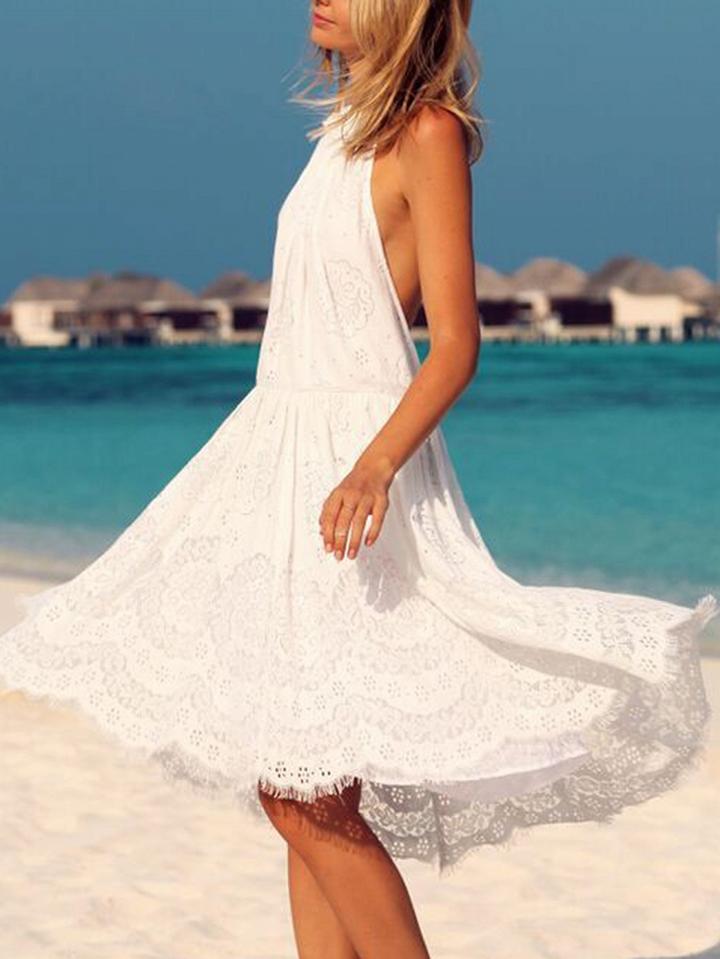 Choies White Lace Halter Open Back Chic Women Dress