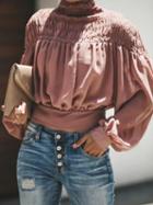 Choies Pink Chiffon High Neck Puff Sleeve Chic Women Crop Blouse