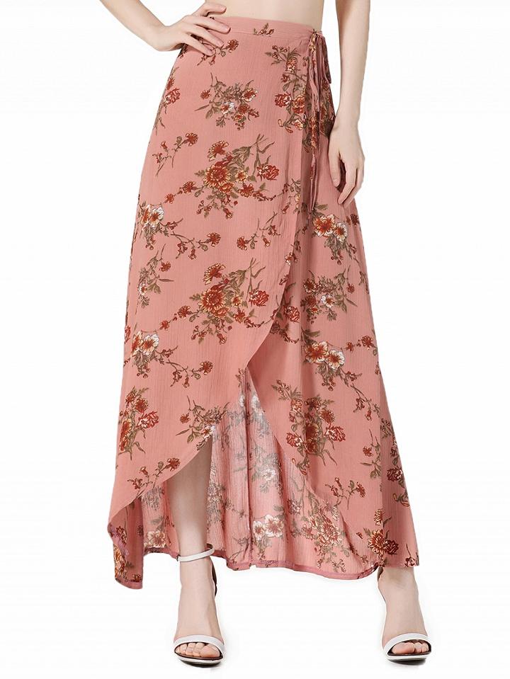 Choies Pink Floral High Waist Boho Wrap Maxi Skirt