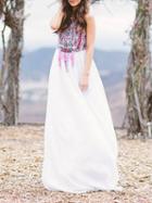 Choies White Folk Print Sleeveless Maxi Dress
