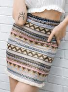 Choies Polychrome Geo-tribal Print Fringe Hem Pencil Skirt