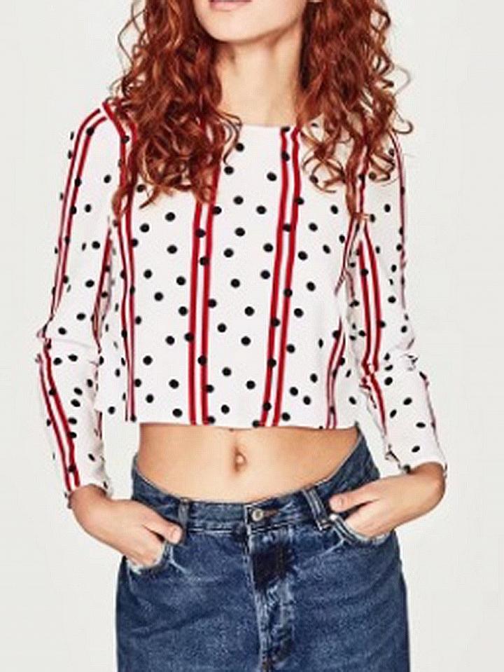 Choies White Stripe Polka Dot Open Back Long Sleeve Crop Blouse