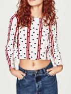 Choies White Stripe Polka Dot Open Back Long Sleeve Crop Blouse