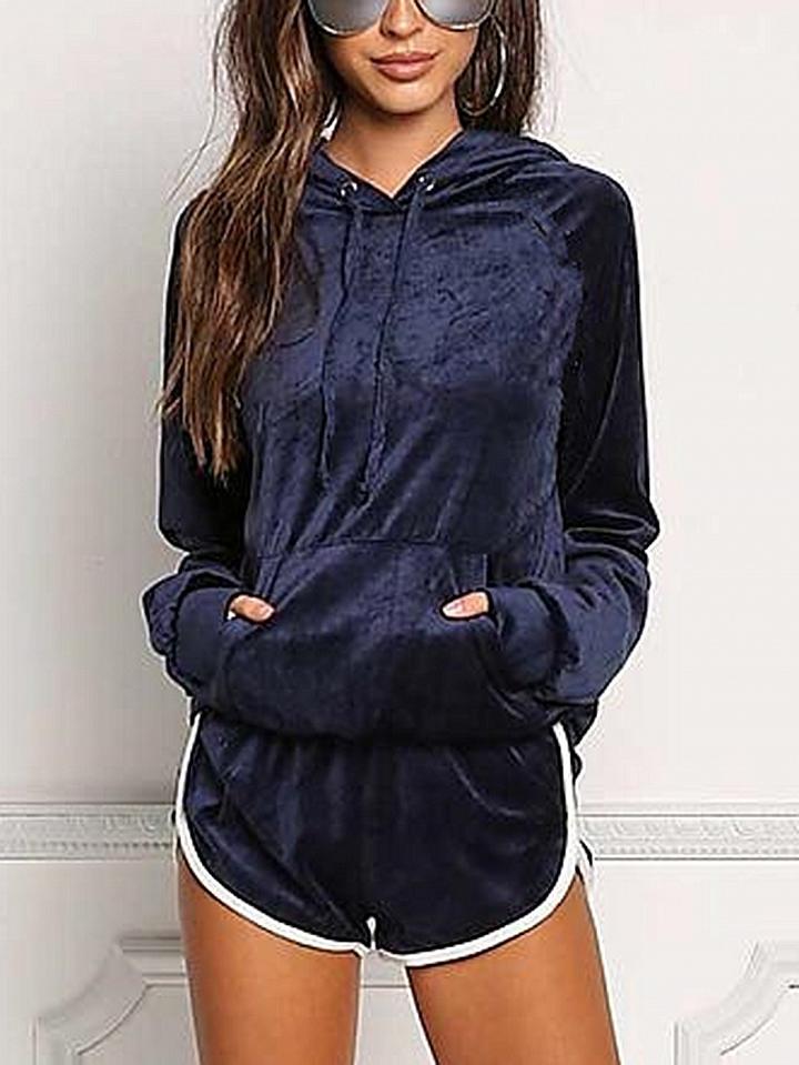 Choies Navy Blue Velvet Long Sleeve Hoodie And High Waist Shorts