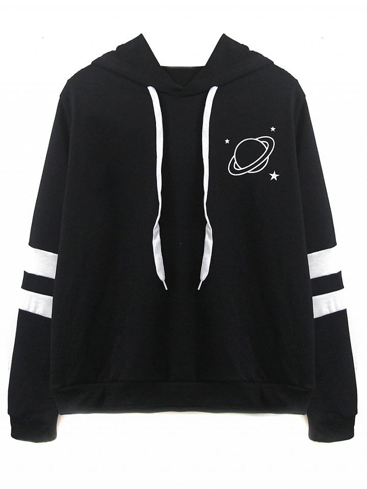 Choies Black Stripe Drawstring Planet Print Hoodie