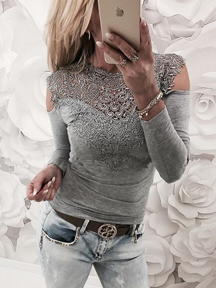 Choies Gray Cold Shoulder Crochet Lace Panel Long Sleeve T-shirt