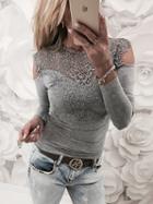 Choies Gray Cold Shoulder Crochet Lace Panel Long Sleeve T-shirt