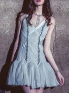 Choies Blue V-neck Diamond Detail Ruffle Hem Chic Women Lace Cami Mini Dress