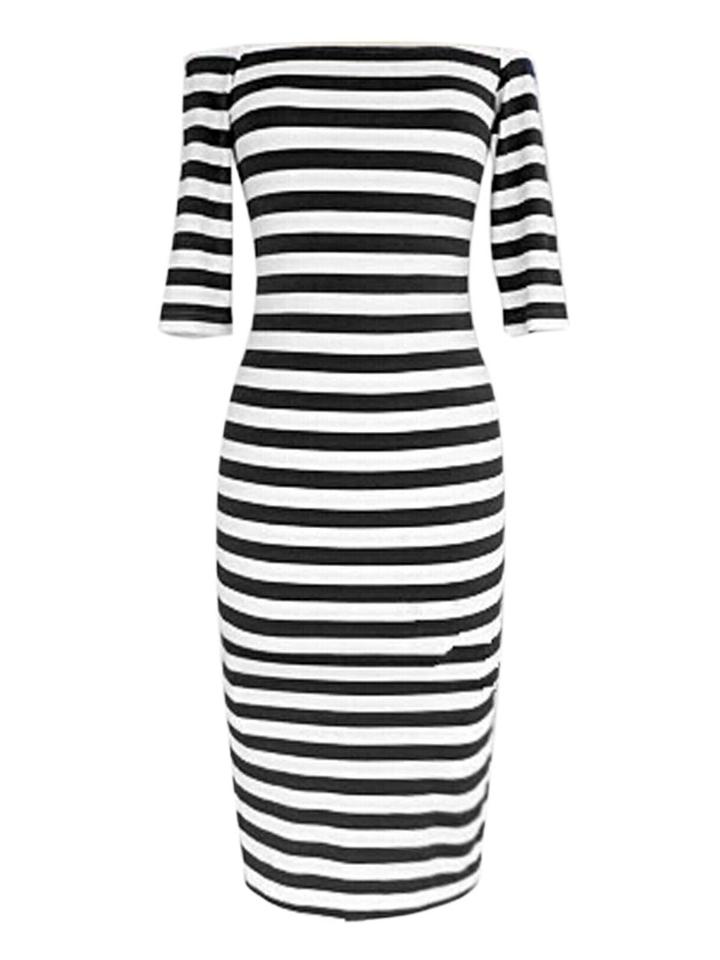 Choies Monochrome Stripe Off Shoulder Half Sleeve Pencil Dress