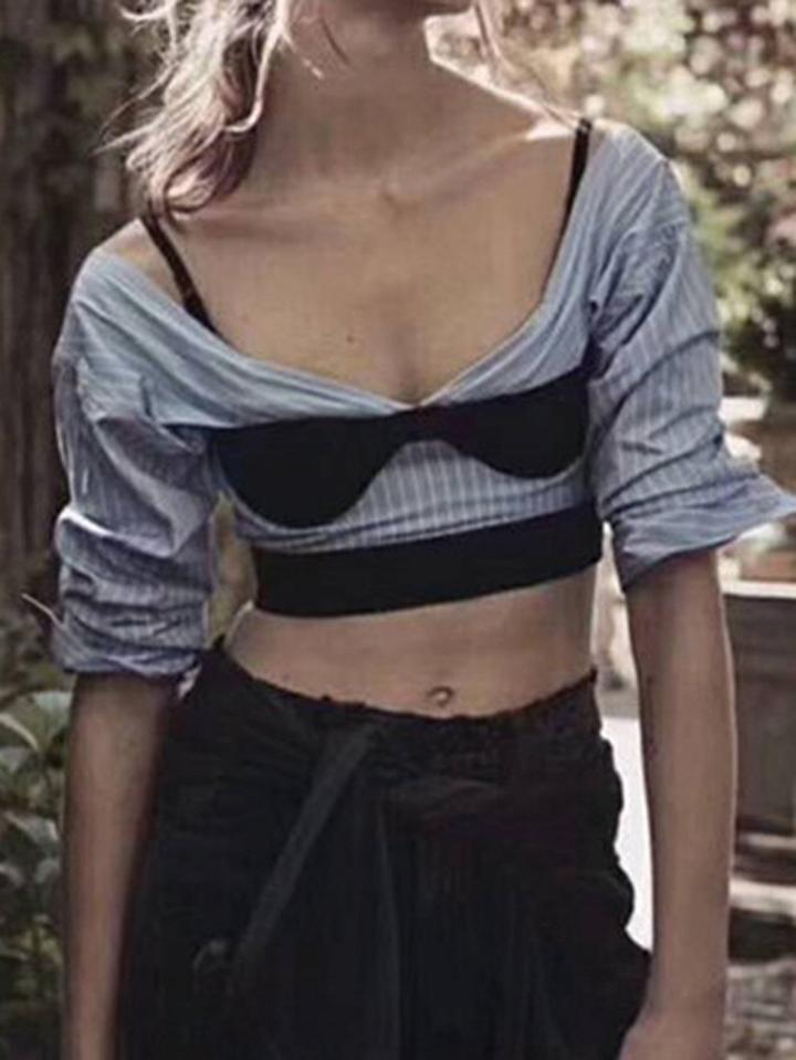 Choies Blue Stripe Cotton Cold Shoulder Chic Women Crop Top