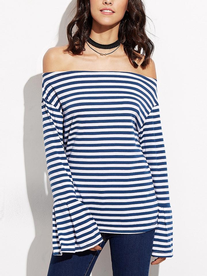 Choies Blue Stripe Off Shoulder Flare Sleeve T-shirt
