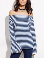 Choies Blue Stripe Off Shoulder Flare Sleeve T-shirt