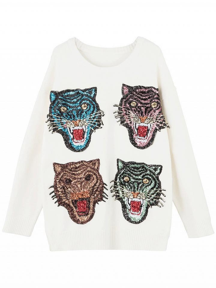 Choies White Sequin Tiger Front Long Sleeve Knit Sweater