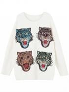 Choies White Sequin Tiger Front Long Sleeve Knit Sweater