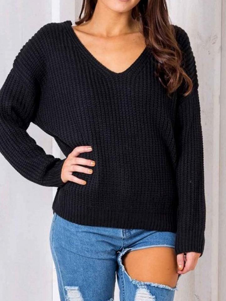Choies Black V-neck Eyelet Lace Up Back Long Sleeve Chic Women Knit Sweater