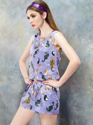 Choies Elf Sack Purple Sea Horse Printed Shirt With Shorts