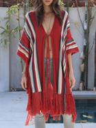 Choies Red Stripe Open Front Tie Detail Tassel Trim Cardigan